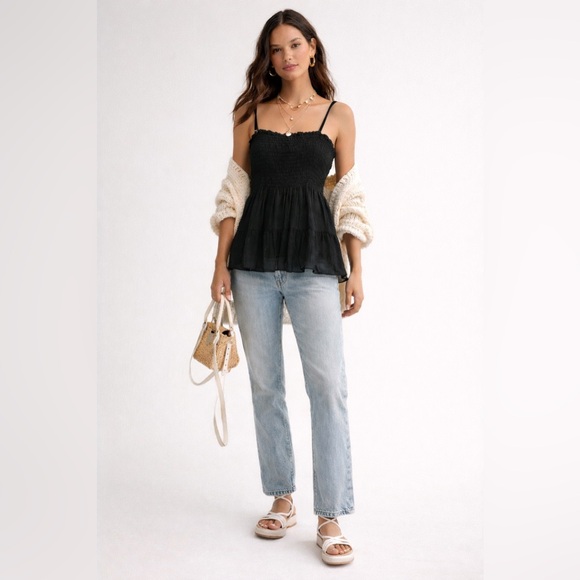 Tops - Made in Italy black semi sheer elastic smocked black tiered tank tonal polka dot